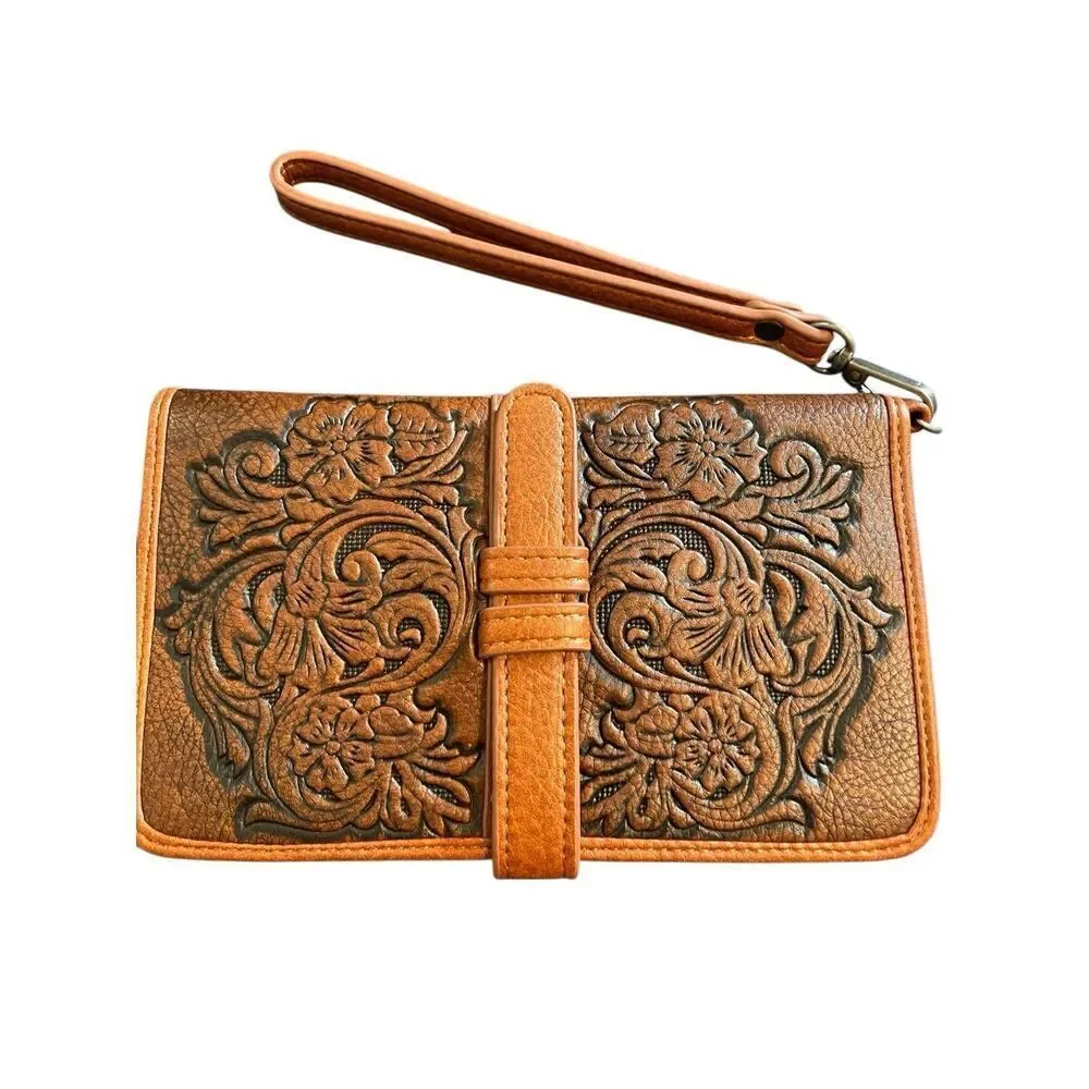 Justin Ladie’s Floral Embossed Faux Leather Clutch/Wristlet/Wallet